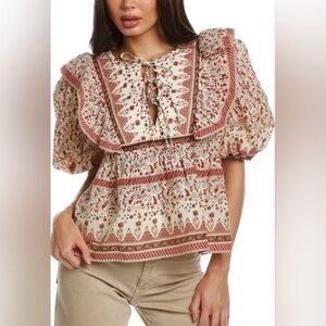 Calypso St Barth, Quilted Bib-Front Boho Folk Print Cotton Blouse, Size S